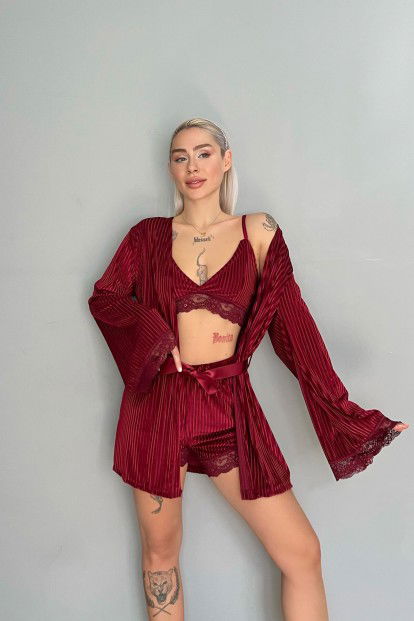 Bordo Devore Kadife Crop Sabahlıklı Şortlu Kadın Pijama Takımı - 7