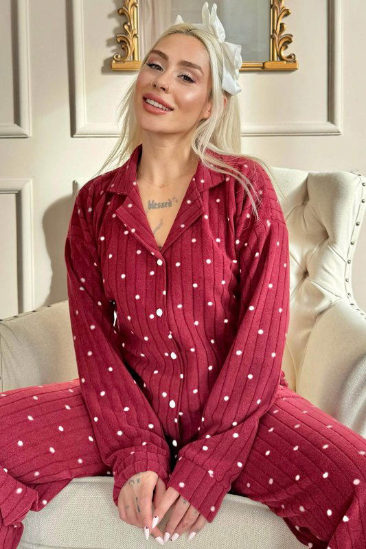 Bordo Dotted Desenli Önden Düğmeli Peluş Polar Pijama Takımı - Pijamaevi