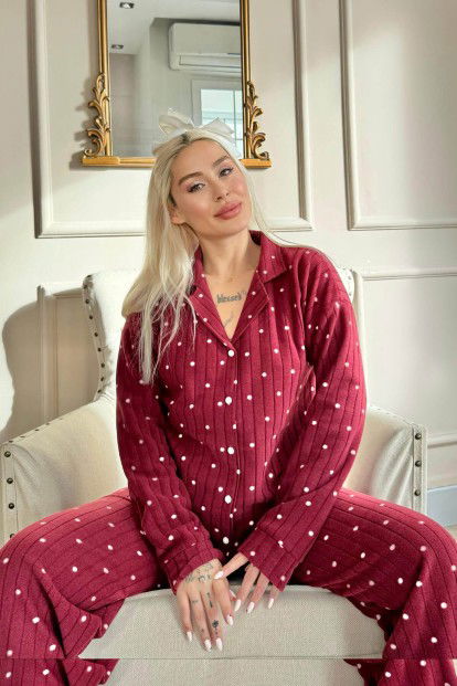 Bordo Dotted Desenli Önden Düğmeli Peluş Polar Pijama Takımı - 3