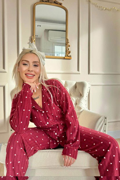 Bordo Dotted Desenli Önden Düğmeli Peluş Polar Pijama Takımı - 4