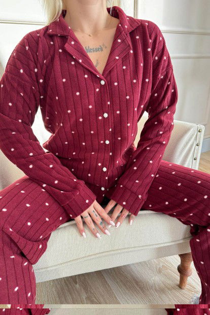 Bordo Dotted Desenli Önden Düğmeli Peluş Polar Pijama Takımı - 5