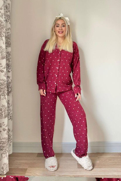 Bordo Dotted Desenli Önden Düğmeli Peluş Polar Pijama Takımı - 6