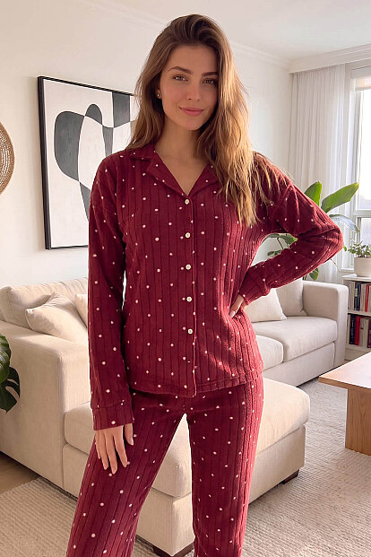 Bordo Dotted Desenli Önden Düğmeli Peluş Polar Pijama Takımı - 5