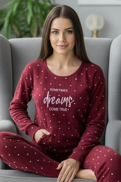 Bordo Dream Desenli Kanguru Cepli Peluş Polar Pijama Takımı - 1