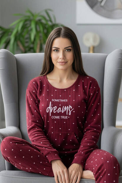 Bordo Dream Desenli Kanguru Cepli Peluş Polar Pijama Takımı - 2