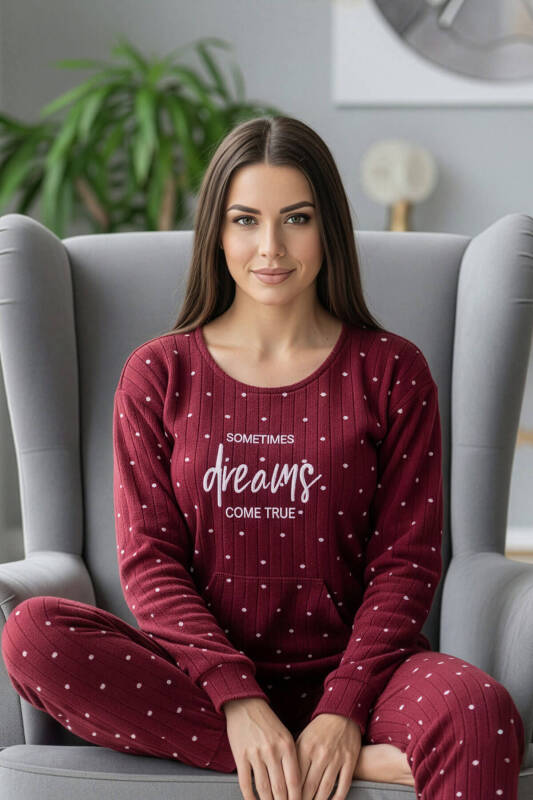 Bordo Dream Desenli Kanguru Cepli Peluş Polar Pijama Takımı - Pijamaevi (1)