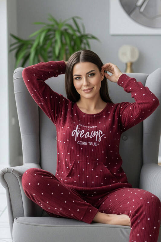 Bordo Dream Desenli Kanguru Cepli Peluş Polar Pijama Takımı - Pijamaevi (2)