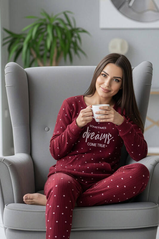 Bordo Dream Desenli Kanguru Cepli Peluş Polar Pijama Takımı - Pijamaevi (3)