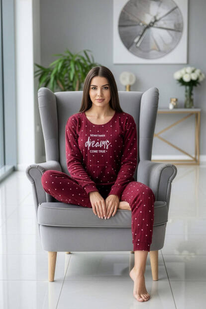 Bordo Dream Desenli Kanguru Cepli Peluş Polar Pijama Takımı - 5