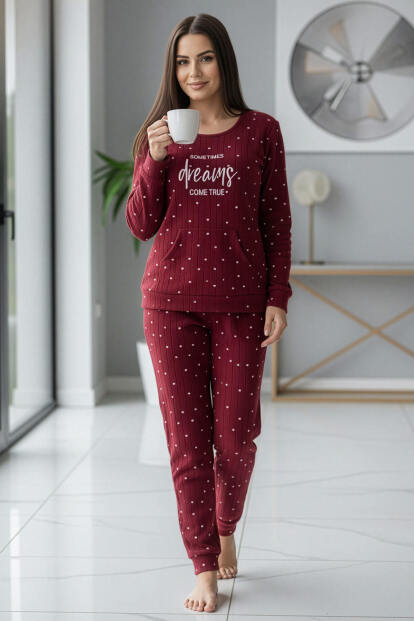 Bordo Dream Desenli Kanguru Cepli Peluş Polar Pijama Takımı - 6