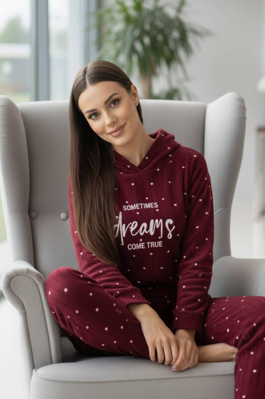 Bordo Dreams Desenli Kapşonlu Peluş Polar Pijama Takımı - Pijamaevi (1)