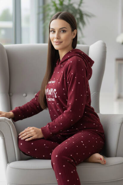 Bordo Dreams Desenli Kapşonlu Peluş Polar Pijama Takımı - 3