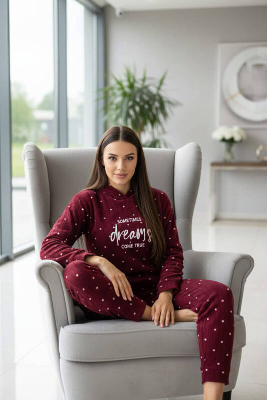 Bordo Dreams Desenli Kapşonlu Peluş Polar Pijama Takımı - Pijamaevi (3)