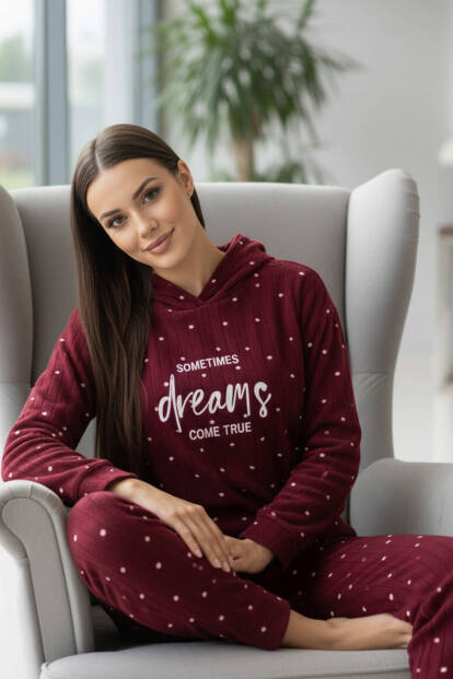 Bordo Dreams Desenli Kapşonlu Peluş Polar Pijama Takımı - 5