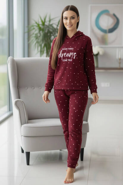 Bordo Dreams Desenli Kapşonlu Peluş Polar Pijama Takımı - 6