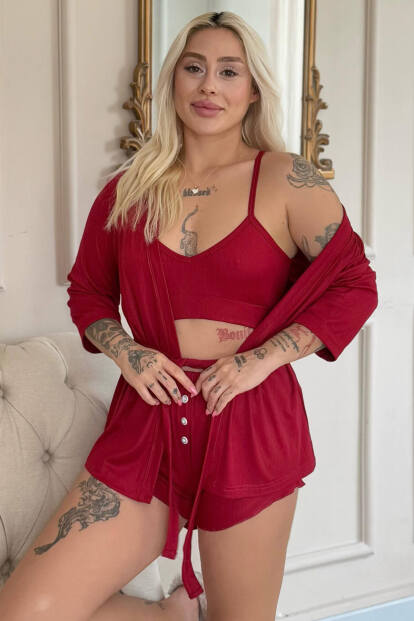 Bordo Dublin Büstiyerli Sabahlıklı Kadın Pijama Takımı 