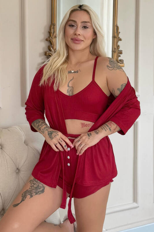 Bordo Dublin Büstiyerli Sabahlıklı Kadın Pijama Takımı - Pijamaevi