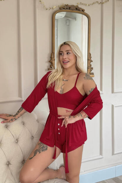 Bordo Dublin Büstiyerli Sabahlıklı Kadın Pijama Takımı - 2