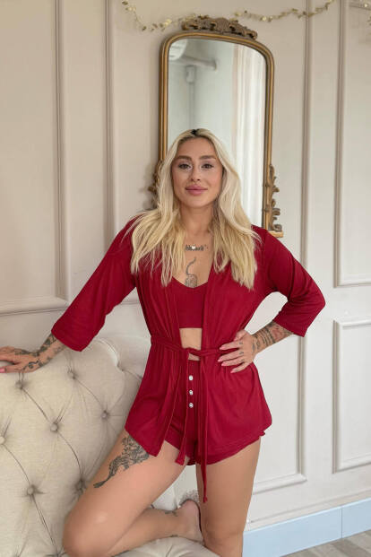 Bordo Dublin Büstiyerli Sabahlıklı Kadın Pijama Takımı - 3