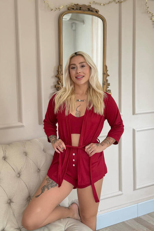 Bordo Dublin Büstiyerli Sabahlıklı Kadın Pijama Takımı - Pijamaevi (3)