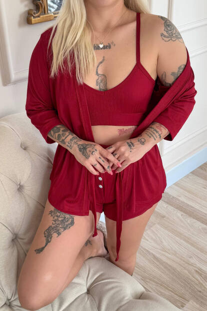Bordo Dublin Büstiyerli Sabahlıklı Kadın Pijama Takımı - 5