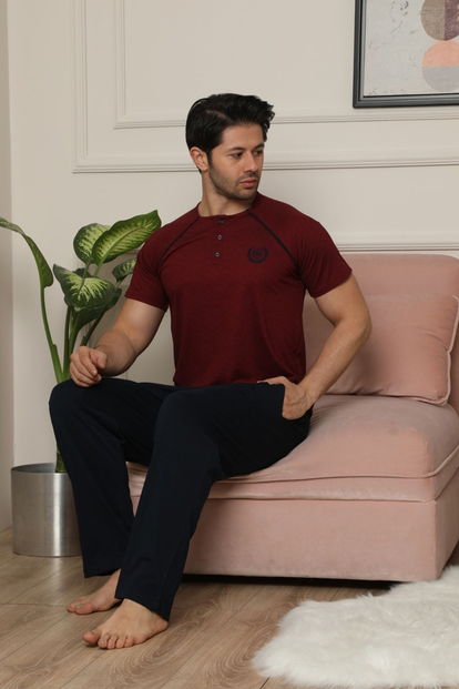 Bordo Düğme Detaylı Kısa Kollu Erkek Pijama Takımı - 1