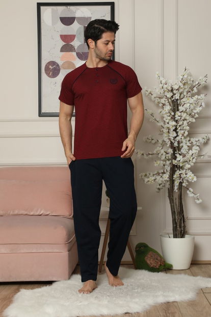 Bordo Düğme Detaylı Kısa Kollu Erkek Pijama Takımı - 2