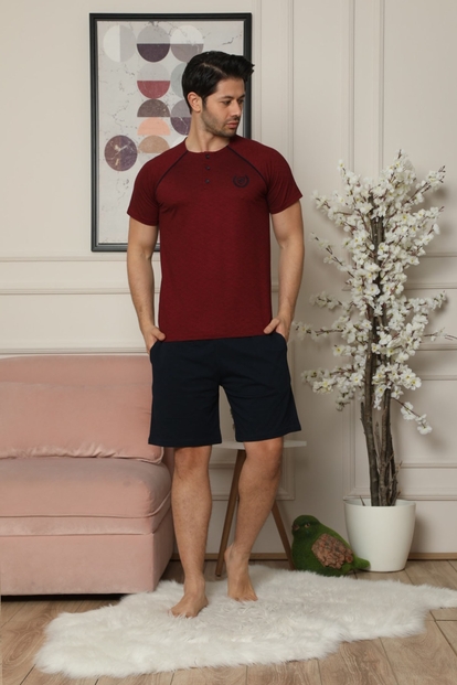 Bordo Düğme Detaylı Şortlu Erkek Pijama Takımı - 1