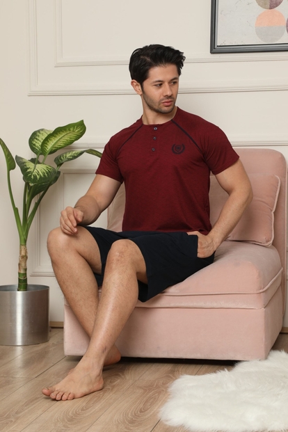 Bordo Düğme Detaylı Şortlu Erkek Pijama Takımı - 2