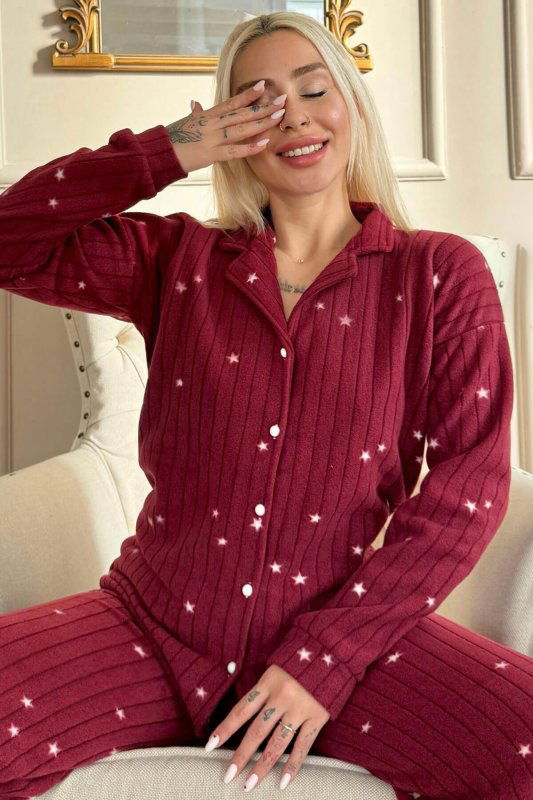 Bordo Eclipse Desenli Önden Düğmeli Peluş Polar Pijama Takımı - Pijamaevi