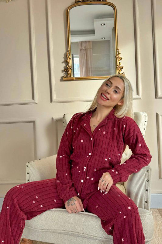 Bordo Eclipse Desenli Önden Düğmeli Peluş Polar Pijama Takımı - Pijamaevi (1)