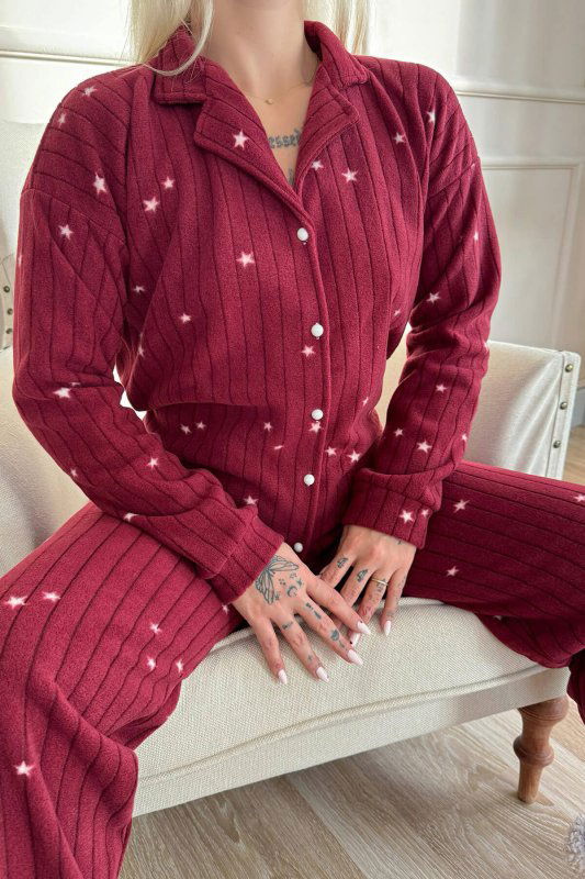 Bordo Eclipse Desenli Önden Düğmeli Peluş Polar Pijama Takımı - Pijamaevi (3)