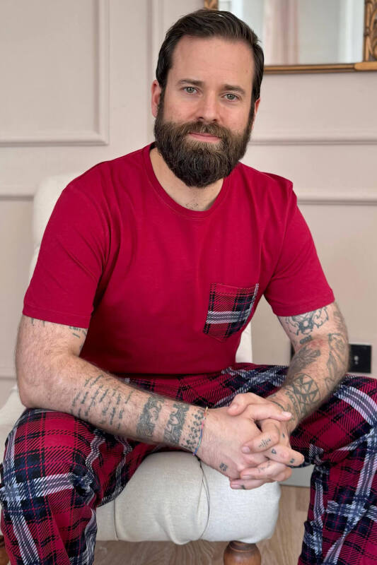 Bordo Ekose Cep Detay Kısa Kollu Erkek Pijama Takımı - Pijamaevi