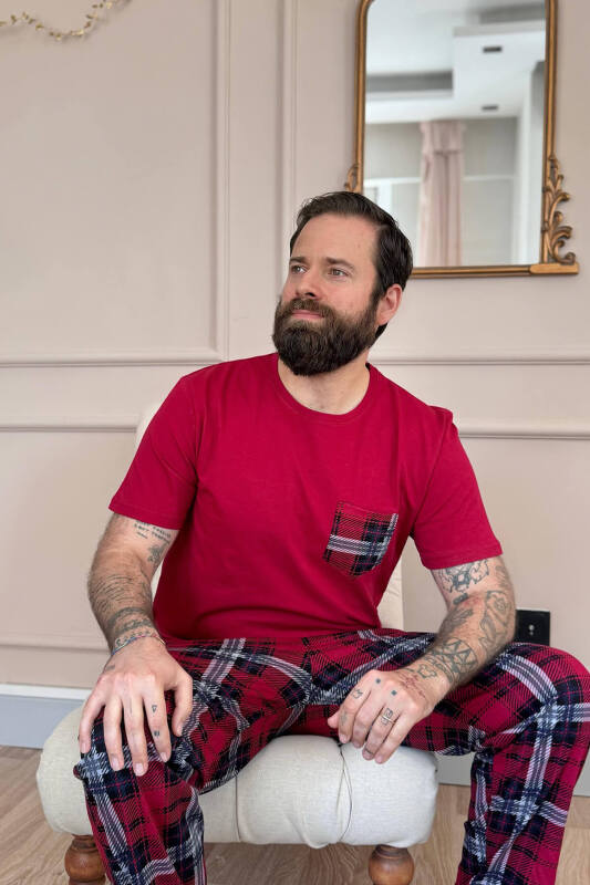 Bordo Ekose Cep Detay Kısa Kollu Erkek Pijama Takımı - Pijamaevi (1)