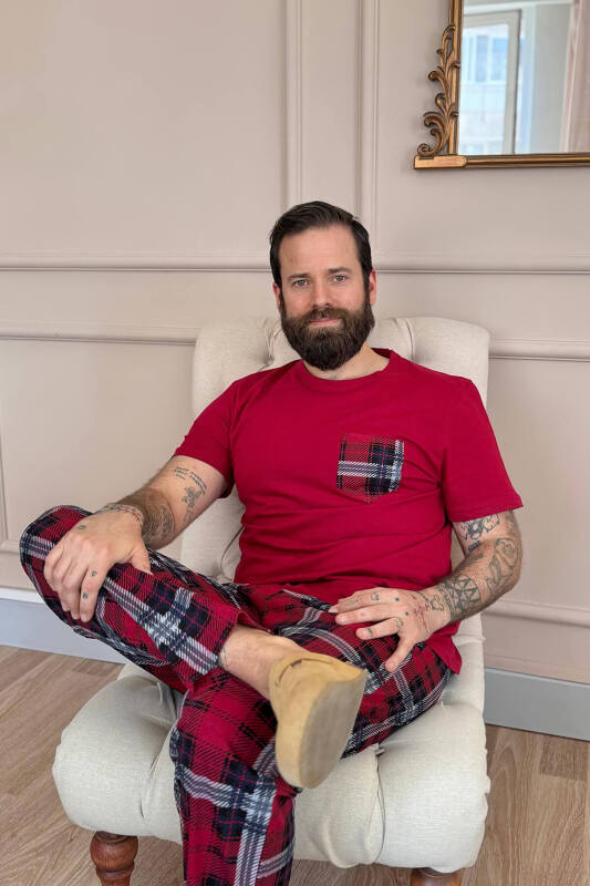 Bordo Ekose Cep Detay Kısa Kollu Erkek Pijama Takımı - Pijamaevi (2)