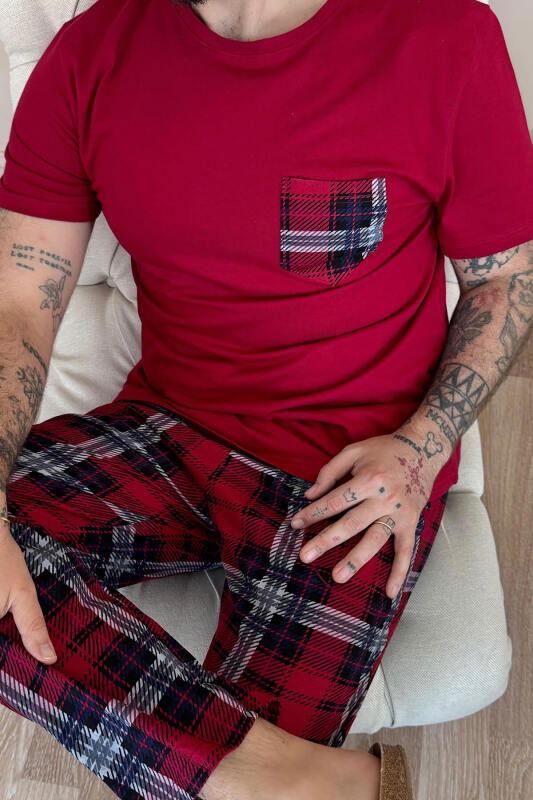 Bordo Ekose Cep Detay Kısa Kollu Erkek Pijama Takımı - Pijamaevi (3)