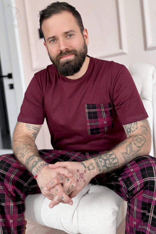 Bordo Ekose Desen Cep Detaylı Kısa Kol Erkek Pijama Takımı - Pijamaevi