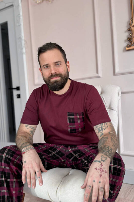 Bordo Ekose Desen Cep Detaylı Kısa Kol Erkek Pijama Takımı - Pijamaevi (1)