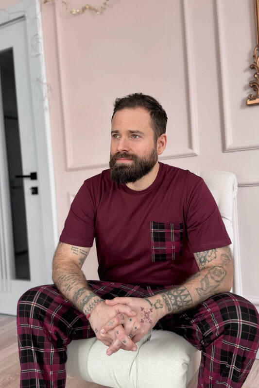 Bordo Ekose Desen Cep Detaylı Kısa Kol Erkek Pijama Takımı - Pijamaevi (2)