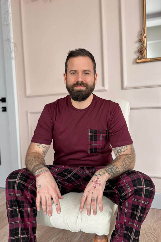 Bordo Ekose Desen Cep Detaylı Kısa Kol Erkek Pijama Takımı - Pijamaevi (3)