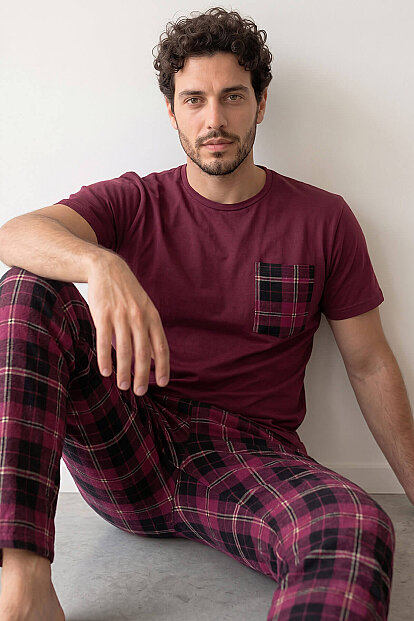 Bordo Ekose Desen Cep Detaylı Kısa Kol Erkek Pijama Takımı - 1