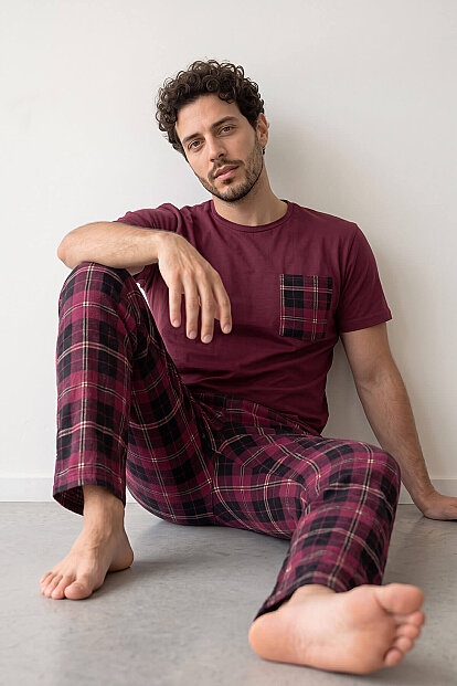 Bordo Ekose Desen Cep Detaylı Kısa Kol Erkek Pijama Takımı - 2