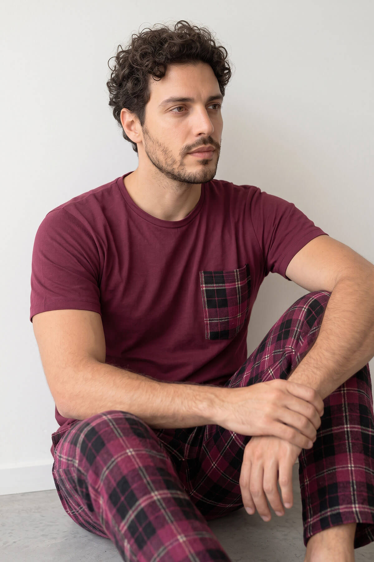 Bordo Ekose Desen Cep Detaylı Kısa Kol Erkek Pijama Takımı - Pijamaevi (2)