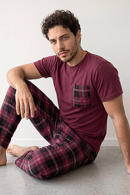 Bordo Ekose Desen Cep Detaylı Kısa Kol Erkek Pijama Takımı - 4