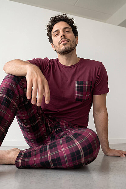 Bordo Ekose Desen Cep Detaylı Kısa Kol Erkek Pijama Takımı - 5