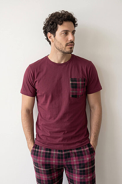 Bordo Ekose Desen Cep Detaylı Kısa Kol Erkek Pijama Takımı - 6