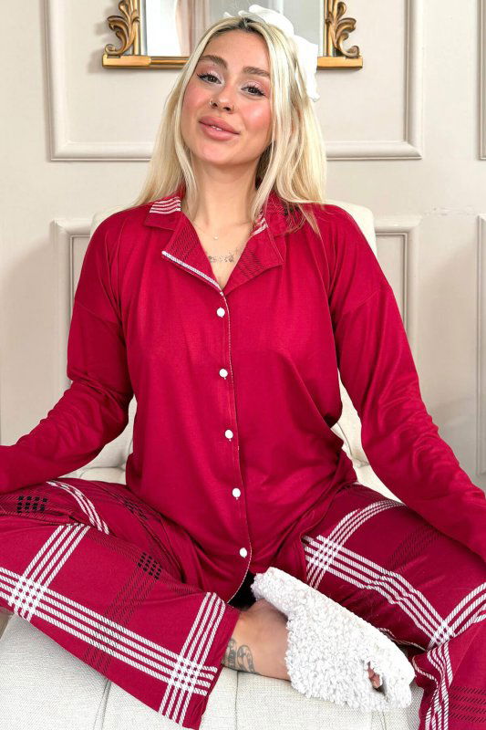 Bordo Ekose Desenli Bambu Önden Düğmeli Uzun Kol Kadın Pijama Takımı - Pijamaevi