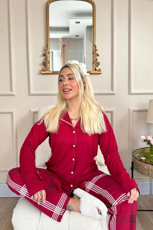 Bordo Ekose Desenli Bambu Önden Düğmeli Uzun Kol Kadın Pijama Takımı - Pijamaevi (1)