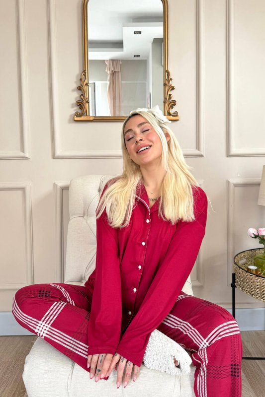 Bordo Ekose Desenli Bambu Önden Düğmeli Uzun Kol Kadın Pijama Takımı - Pijamaevi (2)