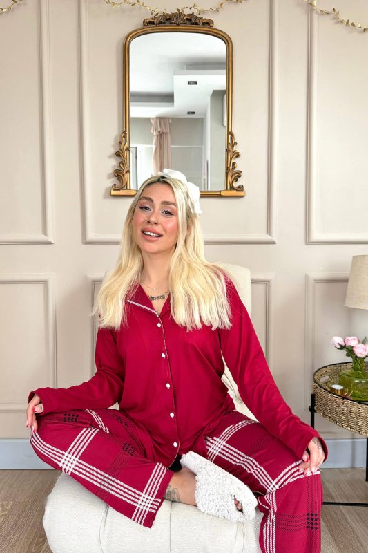 Bordo Ekose Desenli Bambu Önden Düğmeli Uzun Kol Kadın Pijama Takımı - Pijamaevi (3)